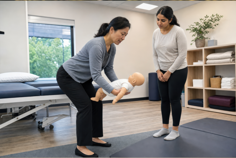 woman bending down holding baby doll showing PT patient proper lift
